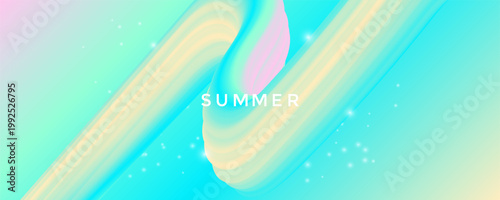 Fluid wave in turquoise and pale yellow tones with glowing spark particles. Summer soft gradient background