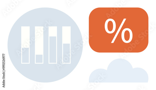 Data analysis, statistics, business growth, cloud computing, financial insights, percentage . Bar graph with percentage symbol and a simplified cloud. Data analysis and statistics concept