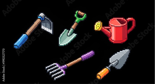 Gardening Tools Pixel Art Set for Retro Games and Farming Simulators