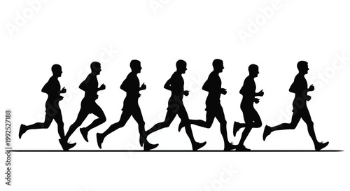Seven silhouettes of people running in a line