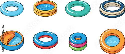 Set of colorful inflatable pool rings and swimming floats isolated on white background summer vacation water fun vector illustration collection