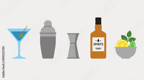 Cocktail preparation essentials martini glass shaker jigger spirits bottle and garnishes.