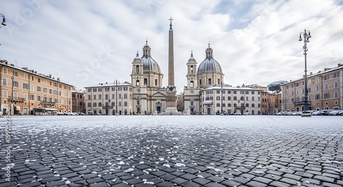 Snowcovered piazza navona in rome with santagnese in agone church and the fountain of the four rivers obelisk under a cloudy sky