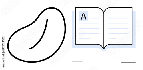 Education, literature, creativity, artistic design, knowledge sharing, visual storytelling. Abstract bean shape next to an open book with the letter A. Education and creativity concepts