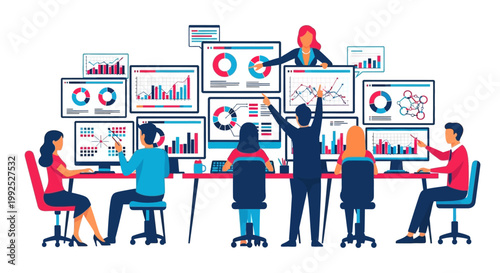 Business team analyzing data on screens.