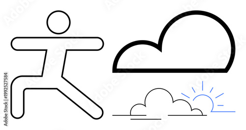 Wellness, mindfulness, outdoor activities, balance, fitness, inner peace. Stick figure in yoga pose next to sunrise and cloud. Wellness and mindfulness for peaceful living