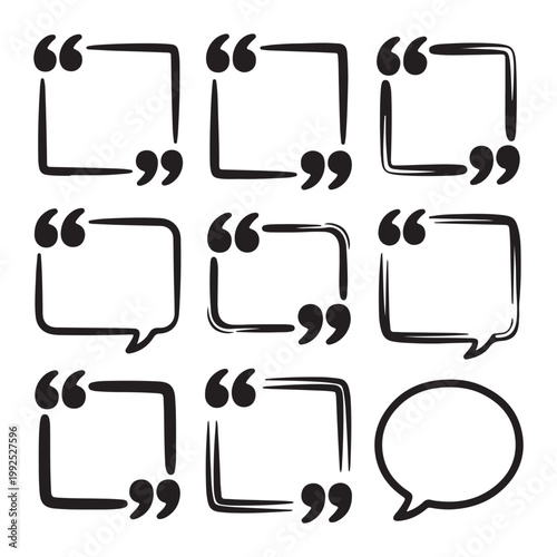 Set of hand drawn quote box frames and speech bubbles, black ink doodle quotation marks isolated on white background