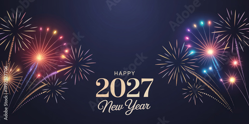 Elegant Happy 2027 New Year Greeting Card with Golden Fireworks on Navy Background