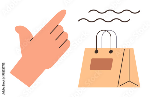Retail sales, shopping experience, delivery services, consumer goods, online shopping, and e-commerce. A hand gesture pointing and a shopping bag with abstract lines. Retail sales and shopping