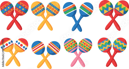 Set of colorful maracas isolated on white background, traditional Latin musical instruments with decorative patterns vector illustration