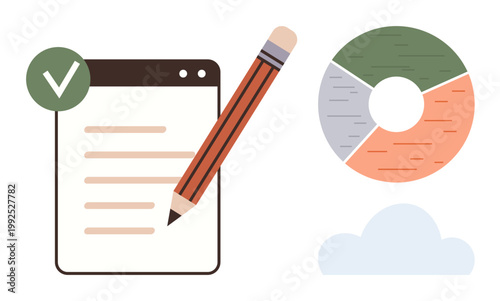 Project management, productivity, planning, data analysis, report creation, workflow organization. A pencil with a checklist, pie chart and cloud. Productivity and planning concept