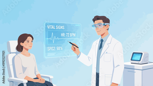 Doctor examining patient with vital signs display