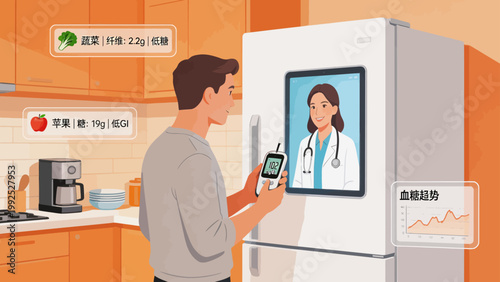 Man using smart fridge for health monitoring
