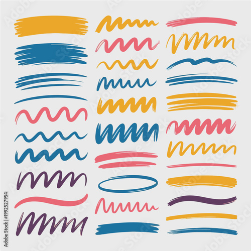 Set of hand drawn colorful brush strokes, marker scribbles and wavy underline textures isolated on white