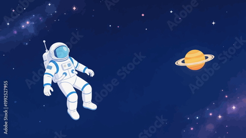 Astronaut floating in space near Saturn