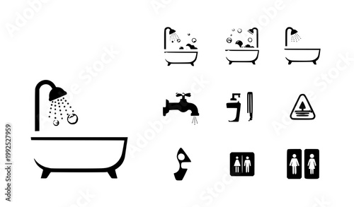Bathtub icon set vector with flat bathroom symbols shower and hygiene signs for web and app isolated on white background