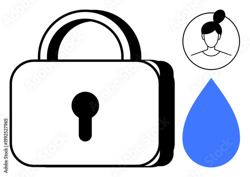 Cybersecurity, privacy, data protection, identity verification, user security, and online safety. A padlock, a user profile avatar and a blue drop. Cybersecurity and privacy protection concept