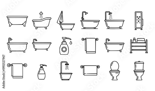 Bathtub outline icon set vector with bathroom shower and hygiene symbols for modern UI design isolated on white background