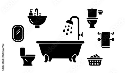 Bathtub silhouette icon collection with shower and bathroom symbols for signage and interface design isolated on white background