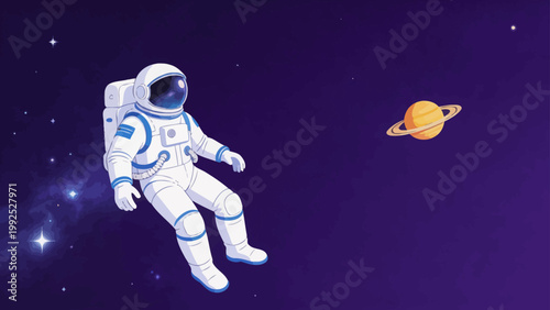 Astronaut floating in space near Saturn
