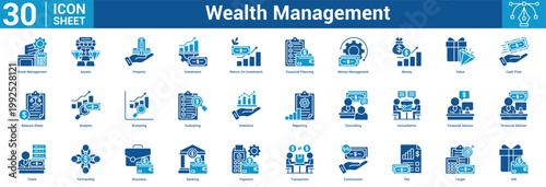 Wealth Management editable icon set vector illustration concept for business with icon of Asset Management, Assets, Property, Investment, Return On Investment, Financial Planning, Money Management.