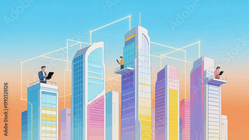 People on skyscrapers with digital connections
