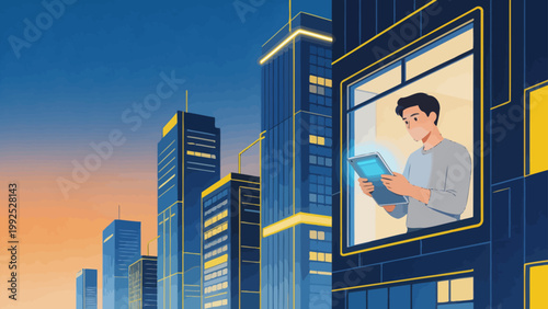 Man using tablet in cityscape at dusk