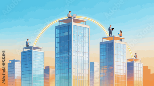 Business people on skyscraper rooftops