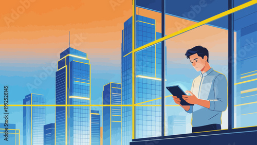 Man using tablet in office with city view