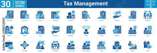 Tax Management editable icon set vector illustration concept for business with icon of Tax Calculate, Accounting, Accounting, Accounting, Accountant, Auditing, Reporting, Cash Flow, Balance Sheet.