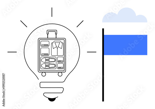 Travel planning, innovation, global tourism, creative ideas, minimalist design, vacation. Lightbulb with packed luggage inside, blue flag and cloud. Travel planning and innovation concept