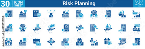 Risk Planning editable icon set vector illustration concept for business with icon of Insurance, Insurance Agent, Regulatory, Lawyer, Attorney, Financial Planning, Strategy, Planning, Investment.