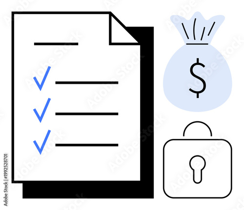Finance, security, data management, budgeting, compliance, transaction safety. Paper document with checkmarks, money bag with dollar sign and lock icon. Finance and security concepts