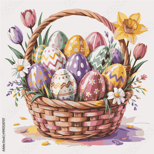 Vibrant watercolor illustration of a wicker basket filled with decorated Easter eggs and spring flowers isolated on white