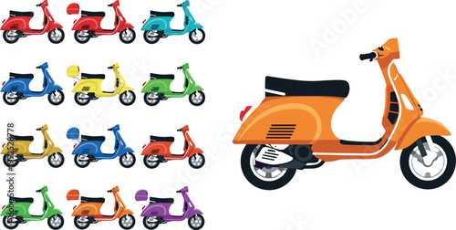 Set of colorful retro scooters with detailed side view isolated on white background, vintage motorbike transport vector illustration