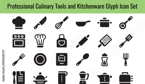 A comprehensive collection of professional culinary tools and kitchenware glyph icons representing cooking and food preparation on transparent background. on transparent background