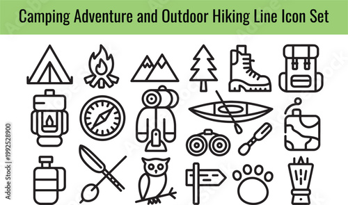 Collection of thin line icons for camping and outdoor adventure activities displayed in a clean style on transparent background
