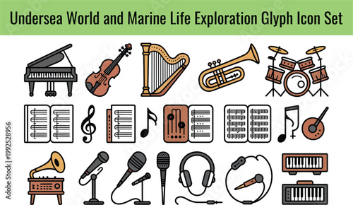 Collection of musical instruments and audio equipment icons on transparent background