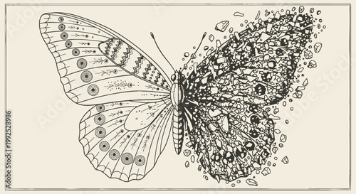 A beautiful butterfly with intricate patterns on its wings transforms into a swarm of small particles on a beige background.