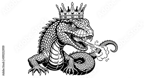 A regal lizard wearing a crown smokes a cigar in a comical scene.