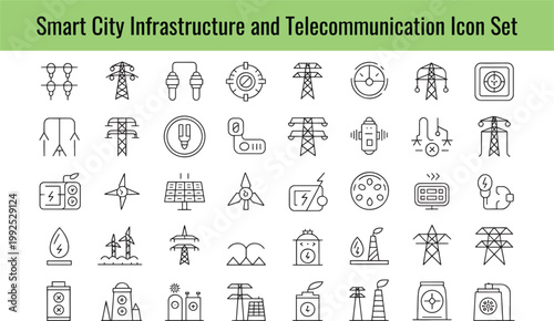A comprehensive collection of smart city infrastructure and telecommunication icons featuring power lines and energy sources on transparent background