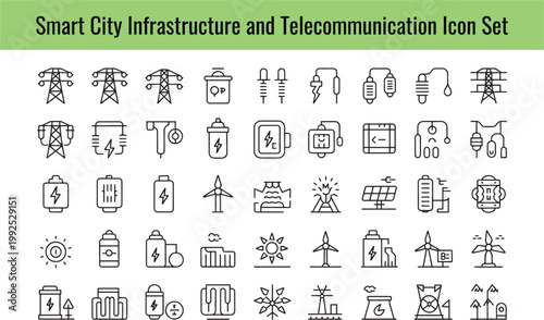 Collection of smart city infrastructure and telecommunication icons including power transmission lines, batteries, and renewable energy sources on transparent background