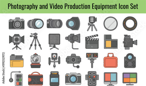 High-quality flat design icons representing diverse photography and video production equipment for creative media projects on transparent background. on transparent background