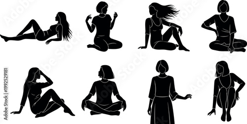 Set of female silhouettes in various sitting poses isolated on white background elegant women figure vector illustration collection