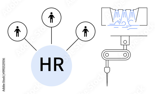 Human resources, automation, workforce management, recruitment, technology integration, organizational structure. Network connected to HR and equipment. Human resources and automation concept