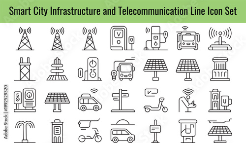 Collection of smart city infrastructure and telecommunication line art icons representing towers, electric vehicles, and solar panels on transparent background
