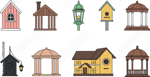 Set of garden architectural elements including birdhouses gazebos lanterns and small house structures in flat vector illustration collection