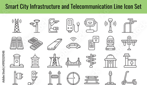 A comprehensive collection of thin line icons representing modern smart city infrastructure and telecommunication systems presented on transparent background