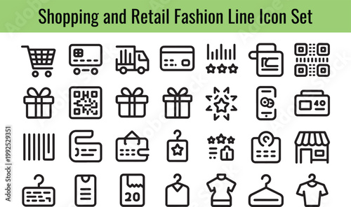 Collection of diverse shopping and retail fashion icons represented in a clean black line art style on transparent background