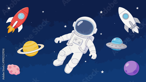 Astronaut floating in space with rockets and planets